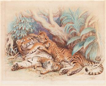 (ANIMALS.) H. LEUTEMANN. Tiger Mother * Two Tamarins.